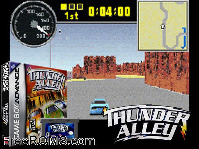 Thunder Alley Gameboy Advance game showing 3D box cover and gameplay screenshot